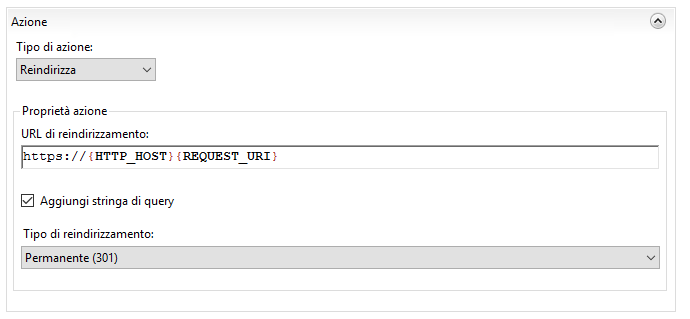 IIS reindirizzamento da HTTP a HTTPS: Azione