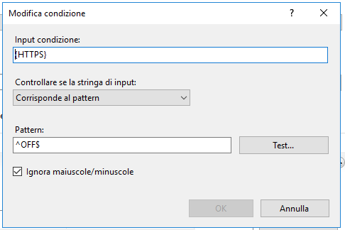 IIS reindirizzamento da HTTP a HTTPS: modifica condizione